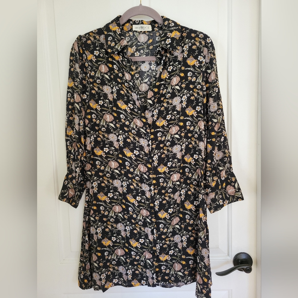 Natural Life Dress Black Beige Floral Boho Tunic Shirt Small